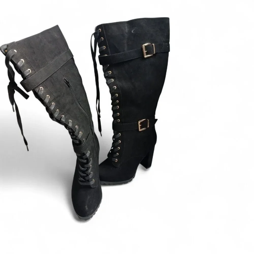 Black Knee High Lace Up Heeled Boots Buckle Detail Women’s ShoeDazzle 9